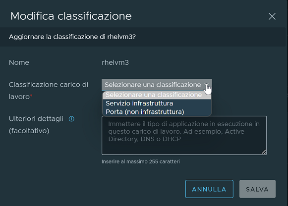 Immagine della finestra di dialogo modale Modifica classificazione in cui è possibile modificare i dettagli dell'entità di elaborazione attualmente selezionata.