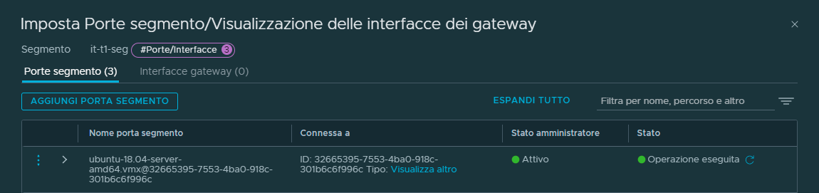 Screenshot della schermata delle porte del segmento