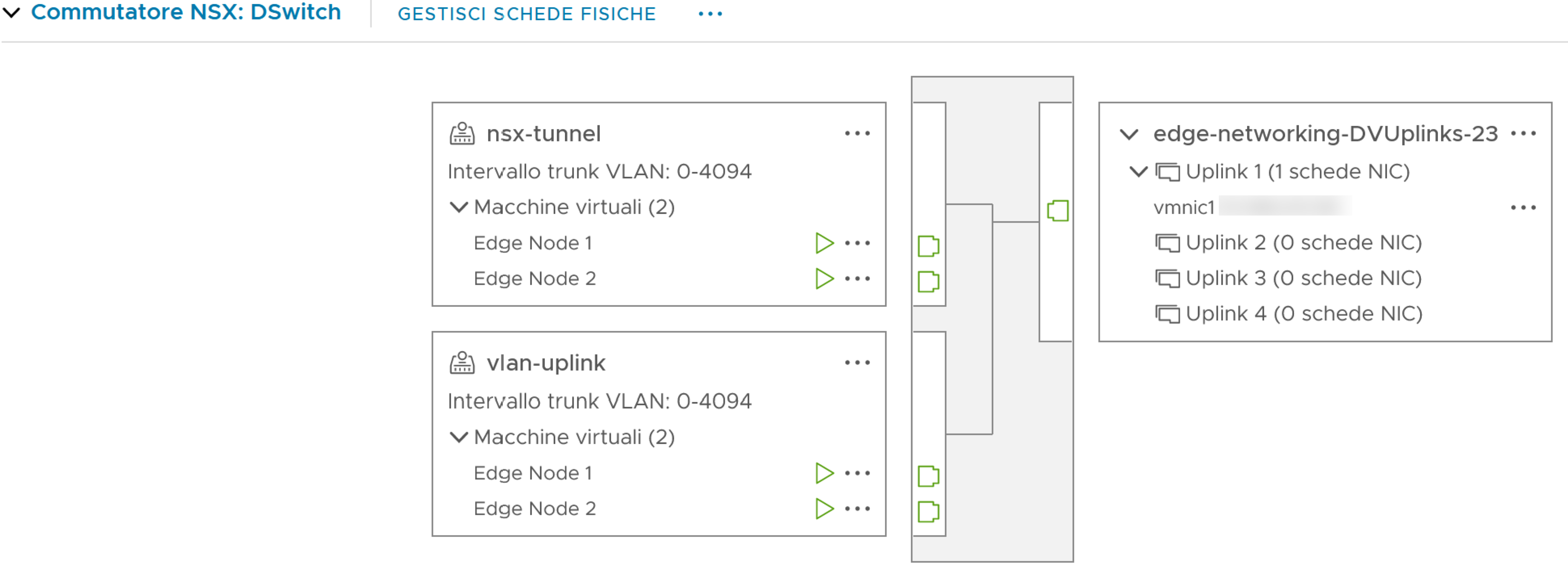 Configurazione di gruppi di porte, tunnel e uplink VLAN per la rete di macchine virtuali NSX Edge.