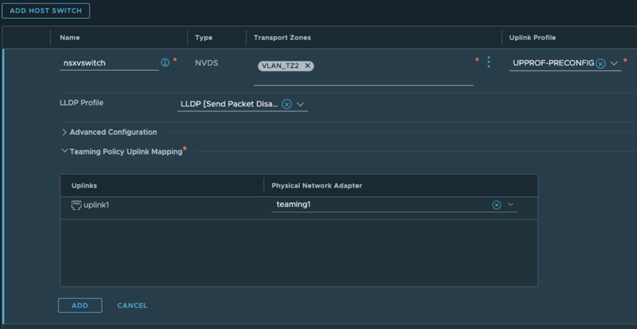 Mappatura degli uplink con il criterio di raggruppamento configurato in modalità Standby attivo in Windows.