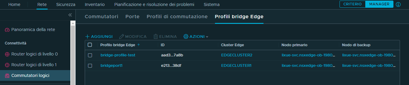 Screenshot della schermata dei profili bridge Edge
