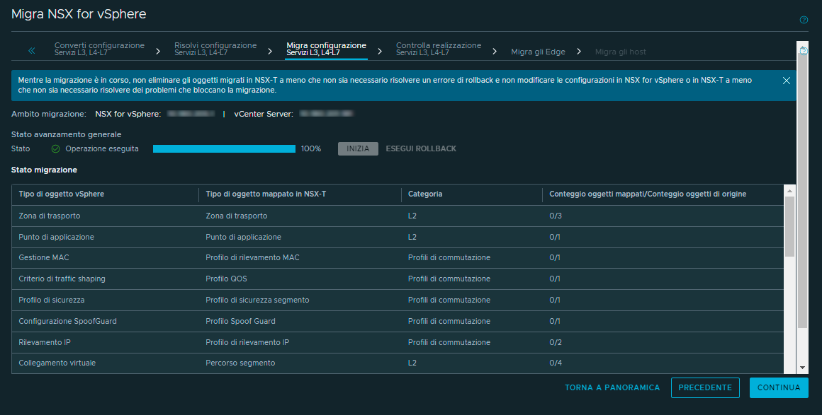 Screenshot dei servizi di migrazione della configurazione di livello 3 e superiore