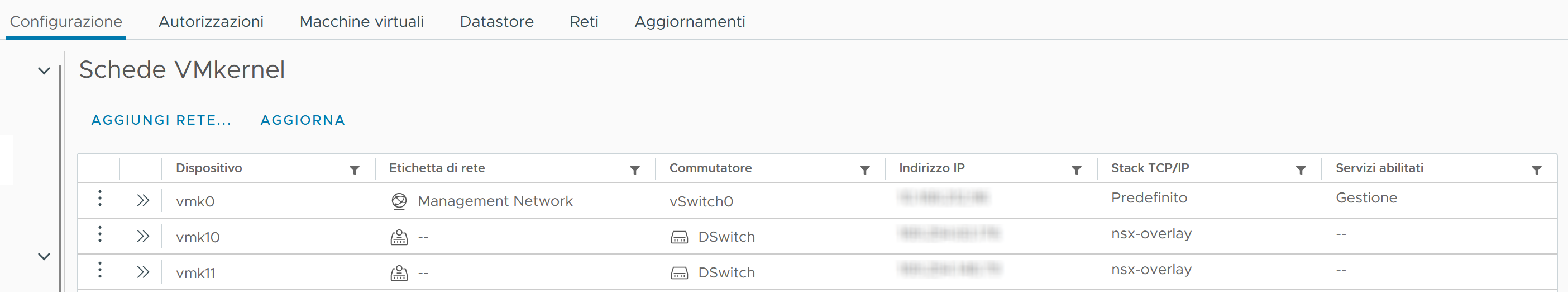 Nella pagina Schede VMkernel vengono visualizzati i vmkernel aggiunti in un commutatore VSS o DVS.