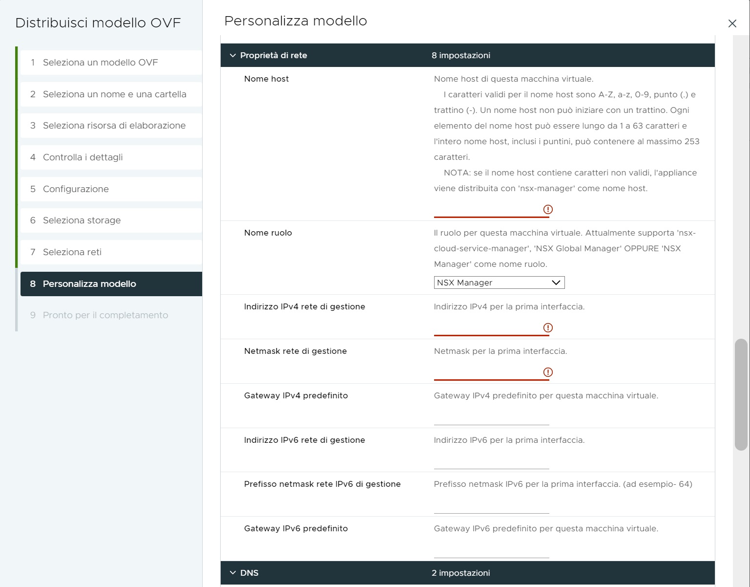 Distribuzione guidata del file OVA di NSX: controllo delle impostazioni