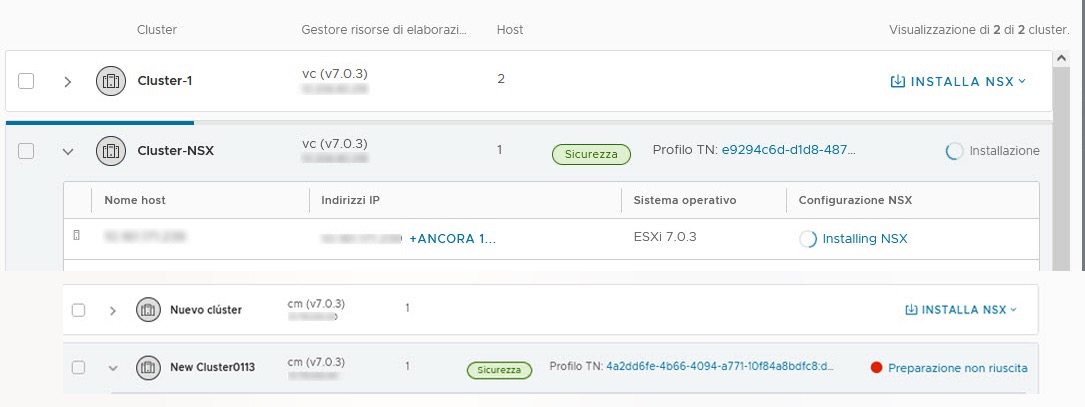 Processo di installazione con stato In corso e Completato