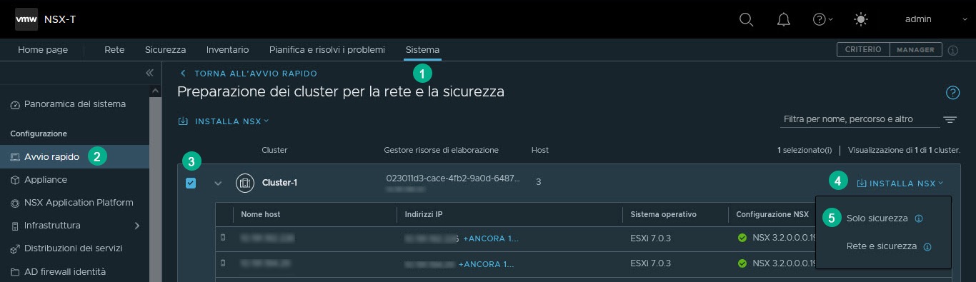 Widget Avvio rapido per preparare rapidamente i cluster solo per la sicurezza