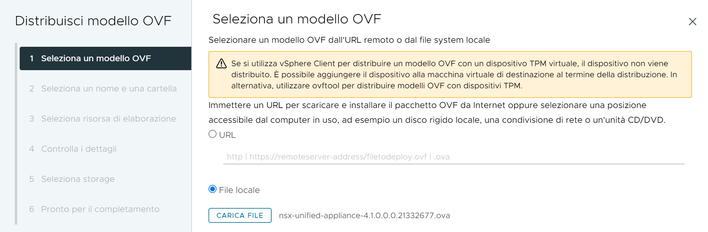 Distribuzione guidata del file OVA di NSX