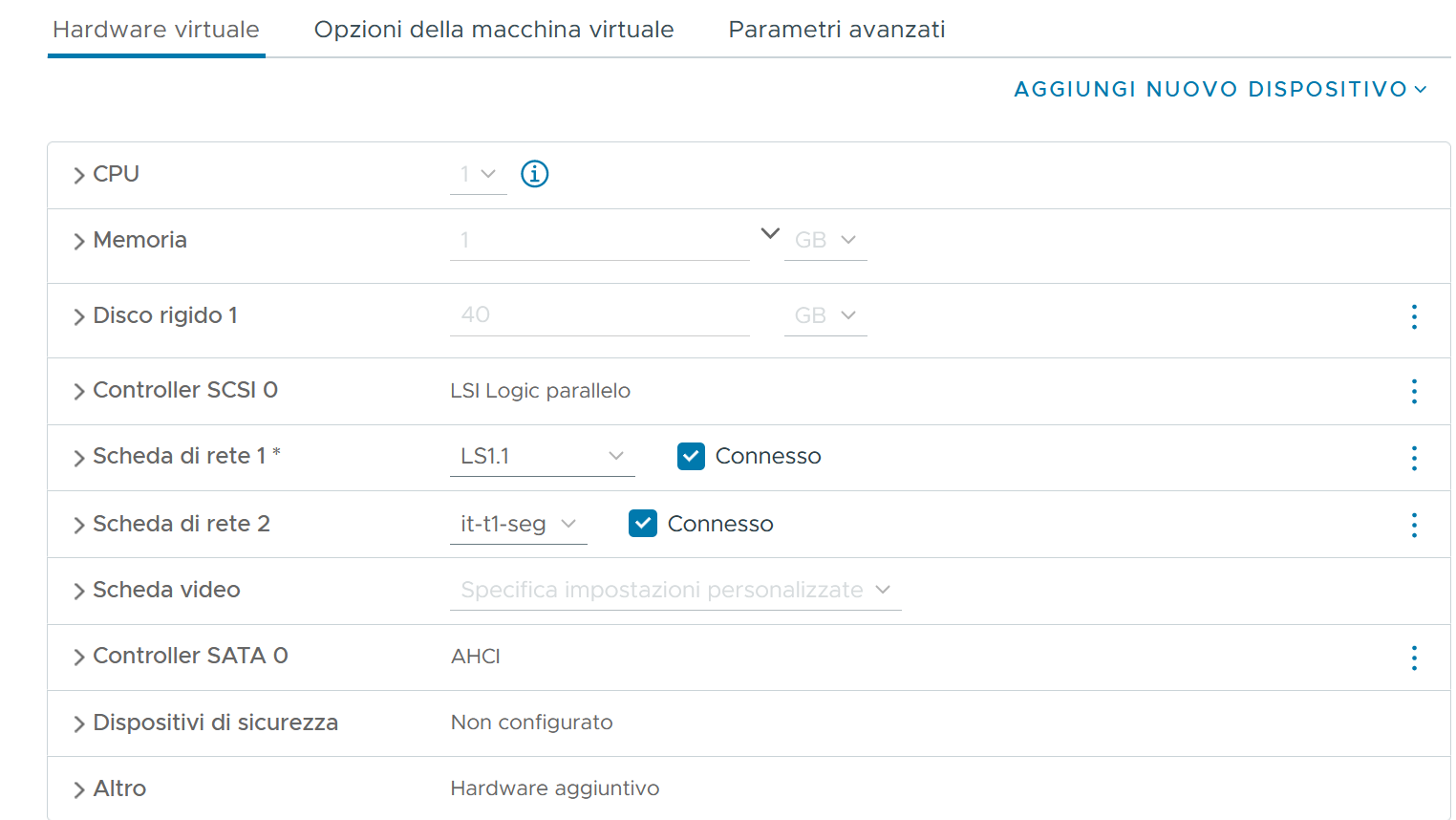 Impostazioni dell'hardware della macchina virtuale per Test-VM-1