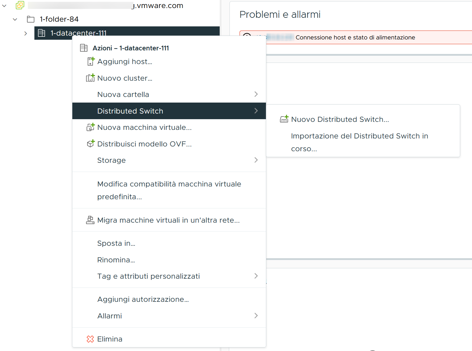 Menu a comparsa nell'interfaccia utente di vSphere per l'aggiunta di un VDS in VC