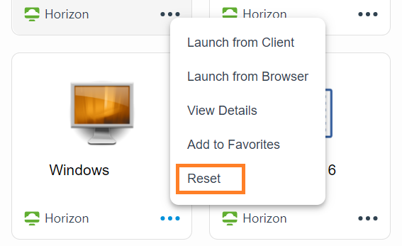 L'immagine mostra un desktop di Horizon nel portale utente con il menu a comparsa che include il comando Reimposta.