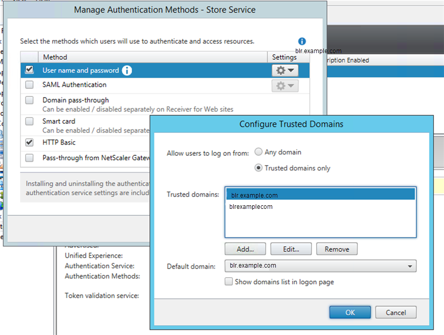 Configurazione di un dominio attendibile nel formato corretto nella finestra di dialogo Configura domini attendibili di Citrix.