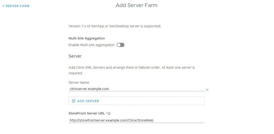 L'interruttore Abilita aggregazione multisito è disattivato. Le caselle di testo Nome server e URL server StoreFront includono valori di esempio.