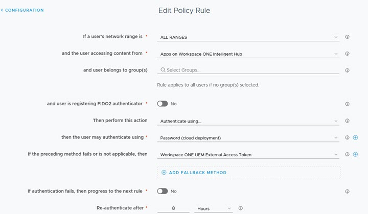 Autenticazione Token di accesso esterno configurata in un criterio di accesso