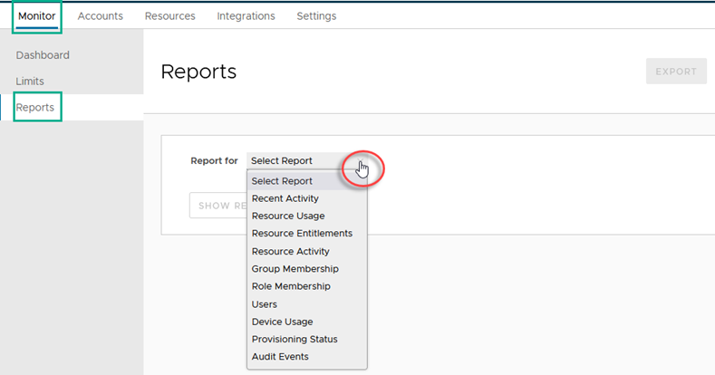 Pagina Report di Workspace ONE Access nella console di amministrazione