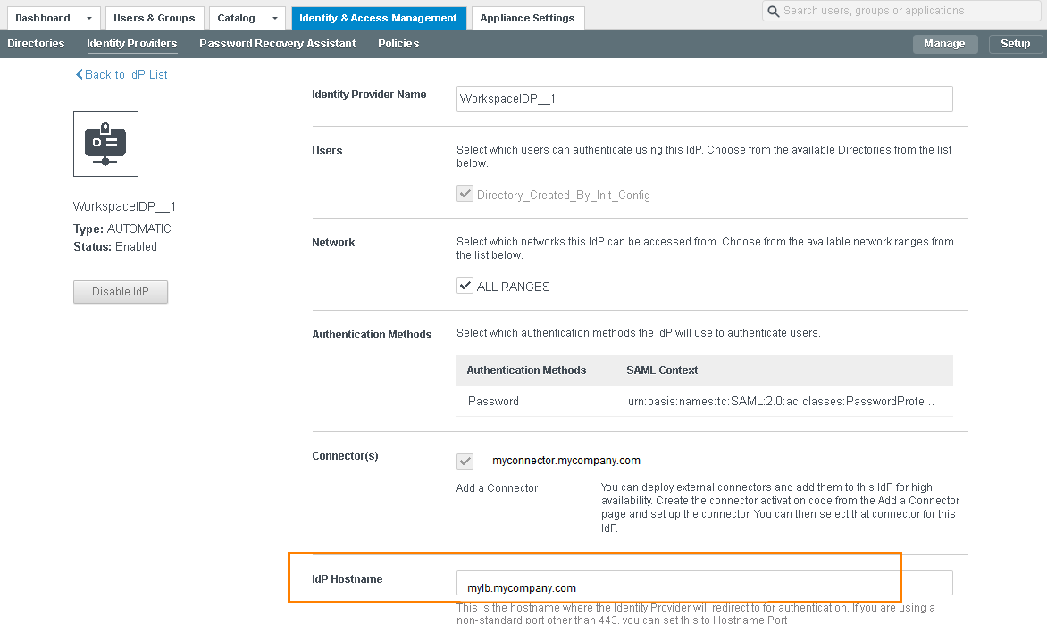 Modifica del nome host del provider di identità