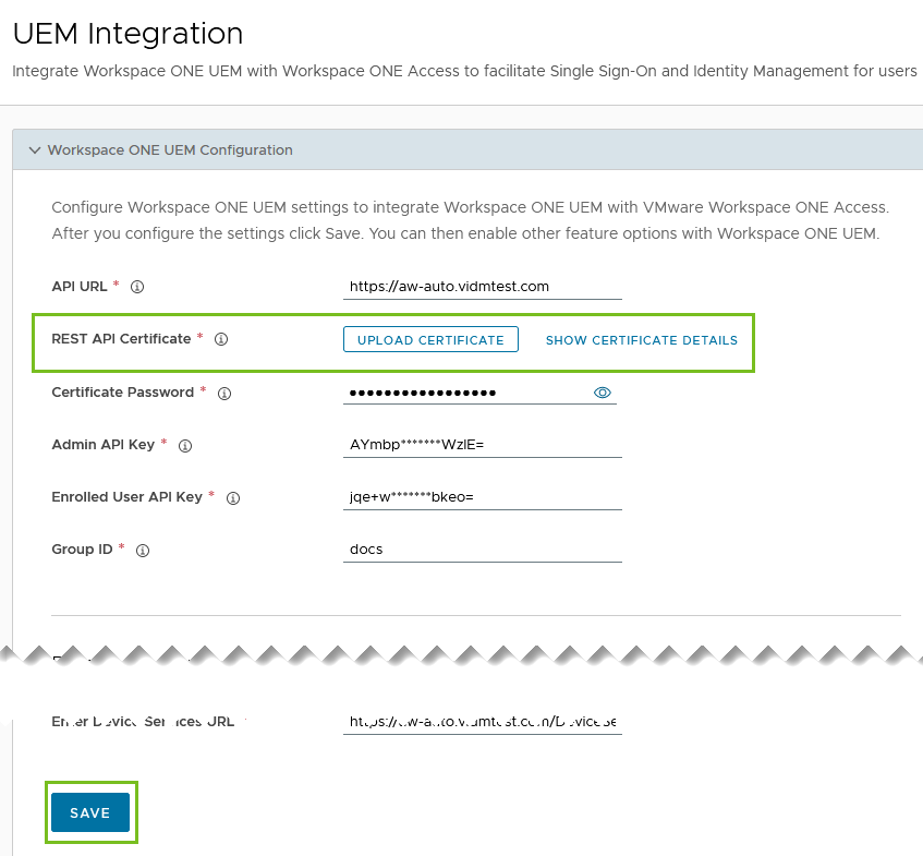 Visualizzazione del caricamento del certificato nella pagina Integrazione UEM della console di Workspace ONE Access