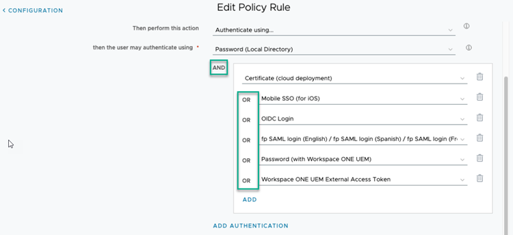 Screenshot della regola di scelta dell'autenticazione