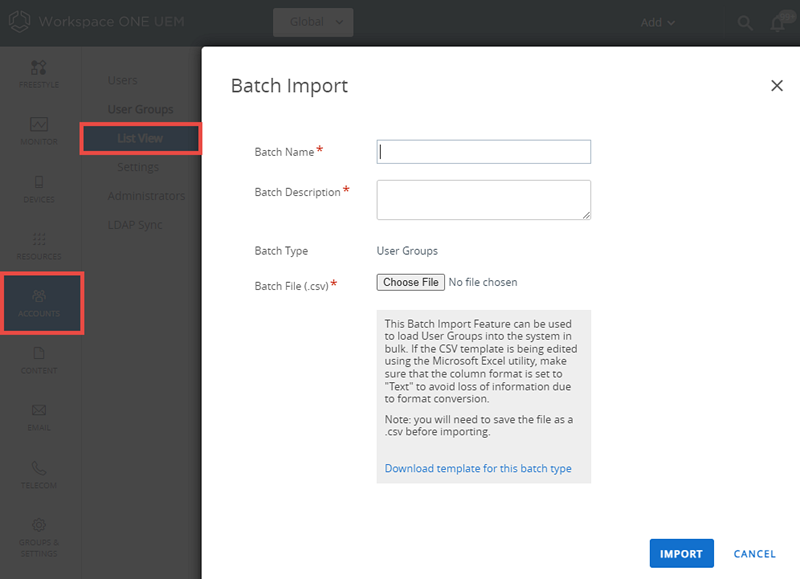 Questa schermata mostra la schermata Importazione batch, che consente di importare in batch i gruppi utente.