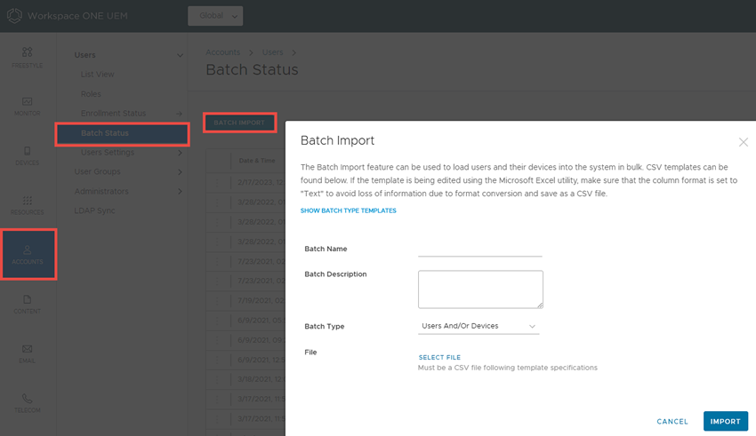 Questa schermata mostra la schermata Importazione batch, che consente di importare in batch utenti e dispositivi.