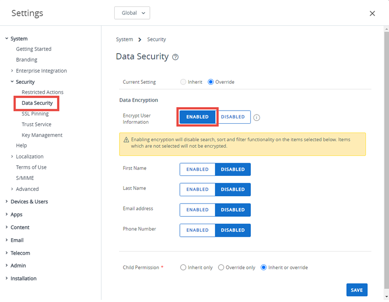 Questa schermata mostra le Impostazioni di sistema di sicurezza dei dati utilizzate per abilitare la crittografia.