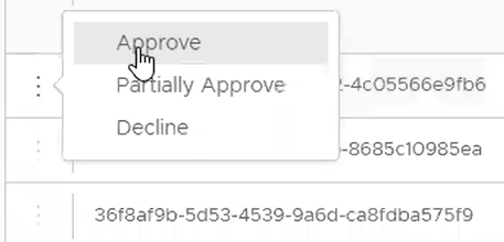 Questa schermata parziale mostra il popup Approva, Approva parzialmente e Rifiuta che viene visualizzato quando si selezionano i puntini di sospensione verticali.
