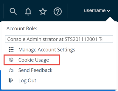 Questa schermata parziale mostra il menu a discesa Account nome utente quando si accede al proprio account VMware Cloud Services, rivelando una selezione di Utilizzo cookie che consente di configurarli.