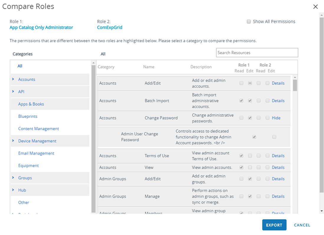 La schermata della pagina Confronta ruoli mostra le Categorie sulla sinistra e le descrizioni delle risorse disponibili per la ricerca sulla destra.