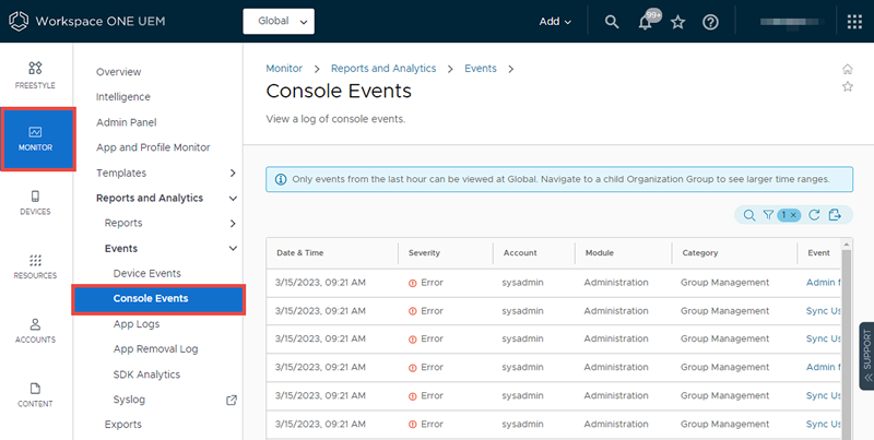 Questa schermata mostra la pagina Eventi della console, che consente di esaminare il registro eventi della console.