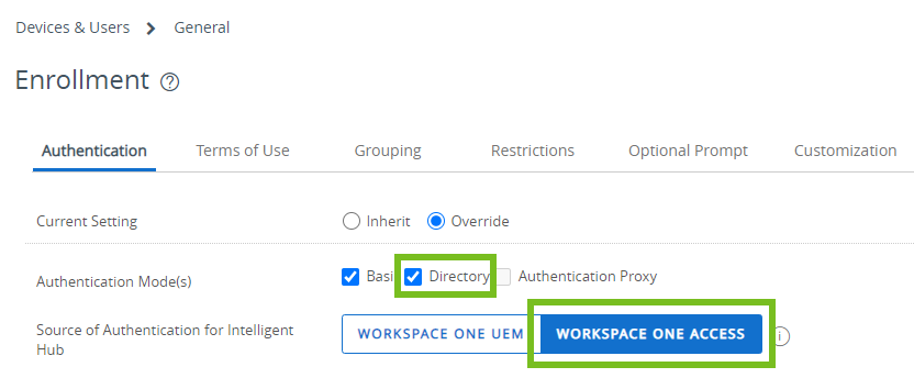 Workspace ONE Access selezionato come origine dell'autenticazione.
