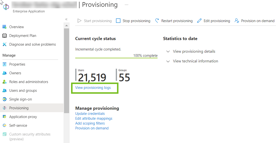 Selezionare Gestisci - Provisioning, quindi fare clic sul collegamento Visualizza registri di provisioning.