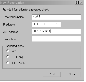 Informazioni sulle prenotazioni IP e sull'indirizzo MAC.