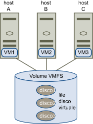 L'immagine mostra un singolo datastore VMFS a cui accedono più server.