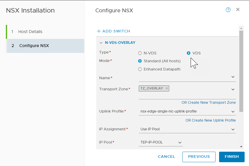 Finestra delle impostazioni di configurazione NSX che mostra le opzioni configurate.