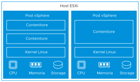 Host ESXi contenente due caselle del pod vSphere. Ogni pod vSphere include contenitori in esecuzione al suo interno, un kernel Linux, una memoria, una CPU e risorse di storage.