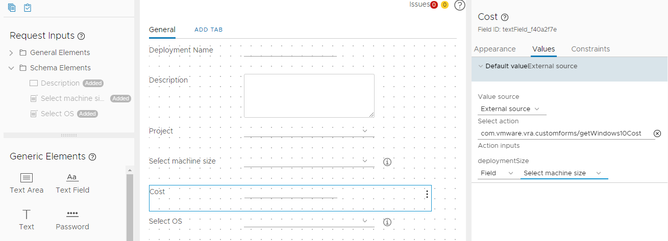 Opzioni dei valori nel designer di moduli personalizzati