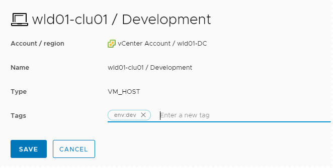 Screenshot della finestra di dialogo utilizzata per aggiungere un tag. Include il valore di esempio env:dev.