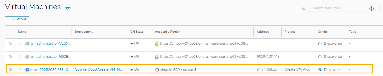 Schermata della pagina della macchina virtuale con la macchina distribuita evidenziata.