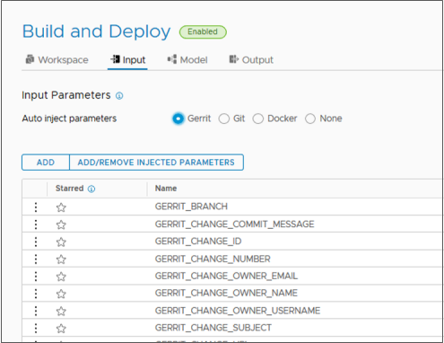 I parametri di input Gerrit che è possibile inserire nella pipeline vengono visualizzati nella scheda Input.