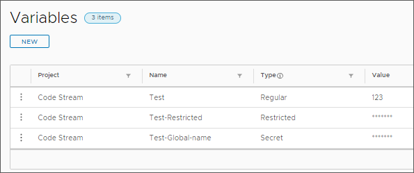 Le variabili in Code Stream indicano il progetto, il nome e il tipo della variabile, nonché il valore per le variabili regolari.