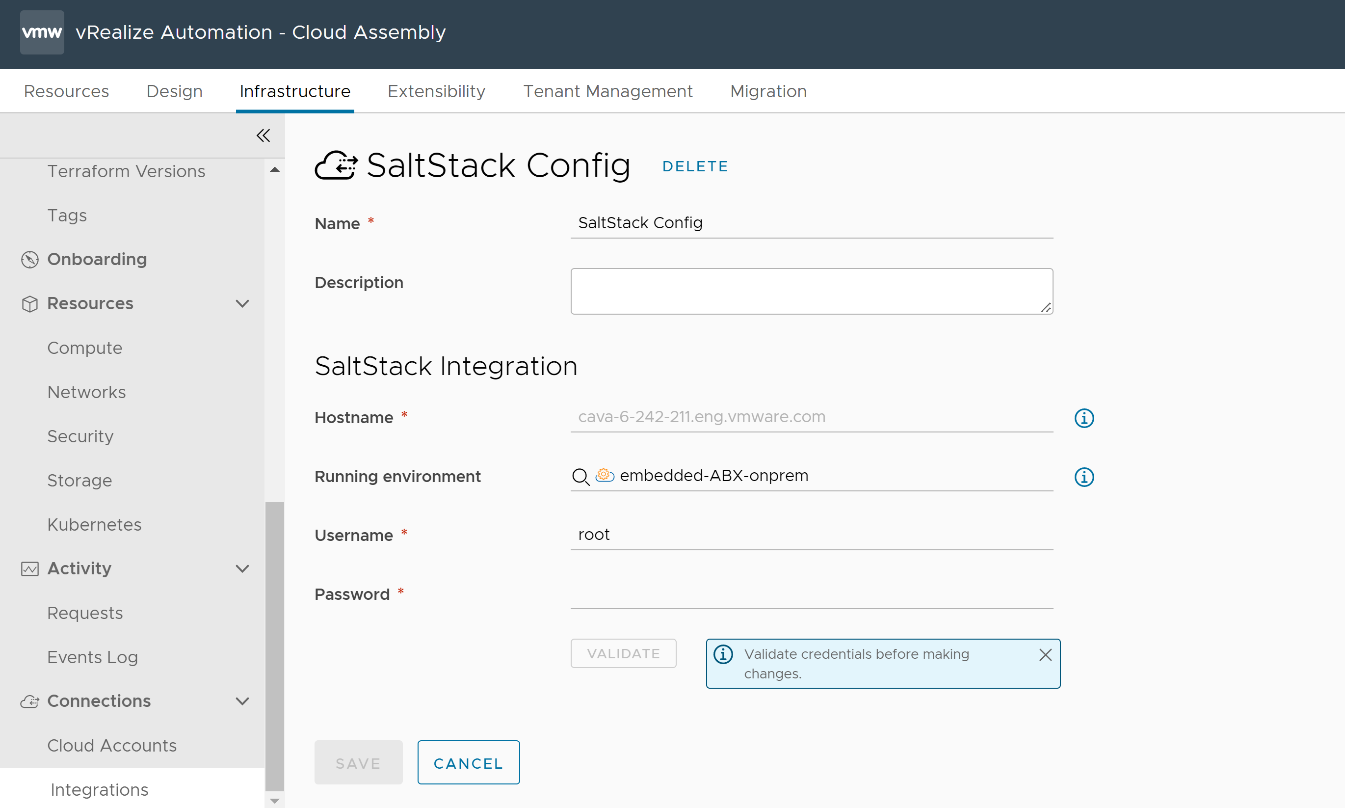 Screenshot dell'integrazione di SaltStack Config in Cloud Assembly