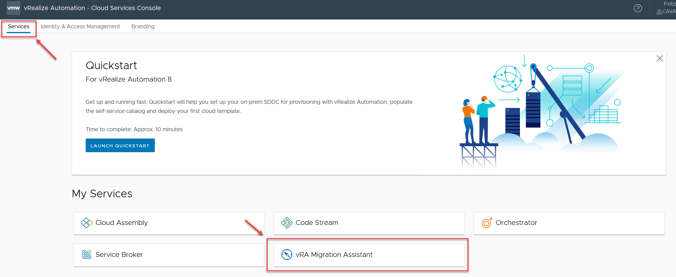 Selezionare il riquadro Assistente migrazione vRA nella pagina di destinazione di Cloud Services.