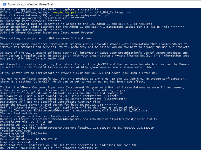 UAG アプライアンスをデプロイするためのサンプルの PowerShell スクリプト。