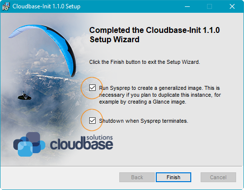 Cloudbase-Init インストール ウィザードの最後の画面