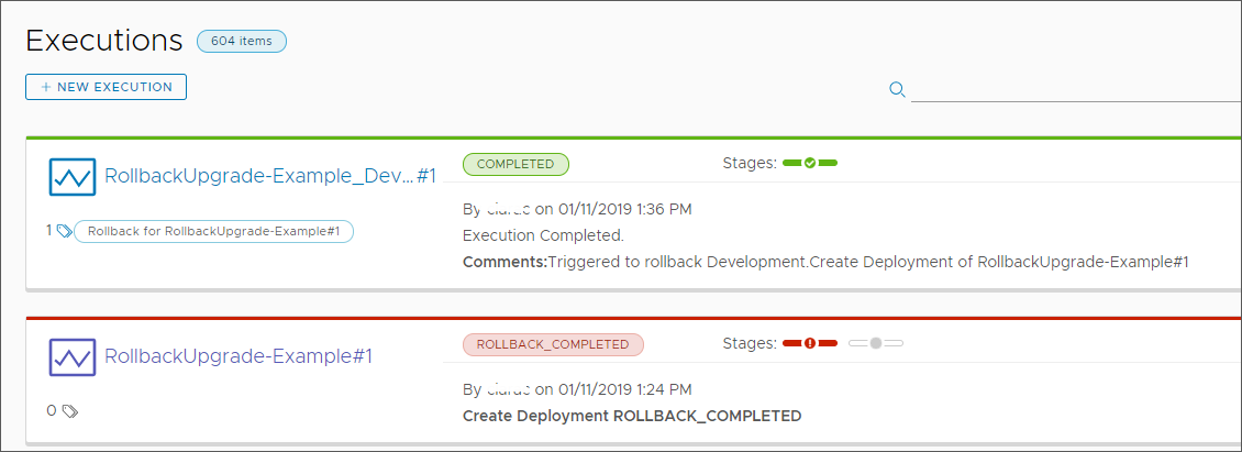 ロールバックの結果が 実行 タブに表示され、コメントにロールバックのトリガ ポイントが示されます。