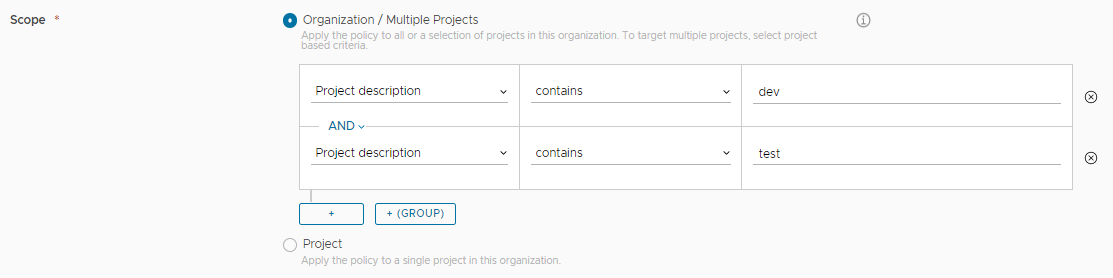 ユーザー インターフェイスに表示される、プロジェクトの基準の式の例。