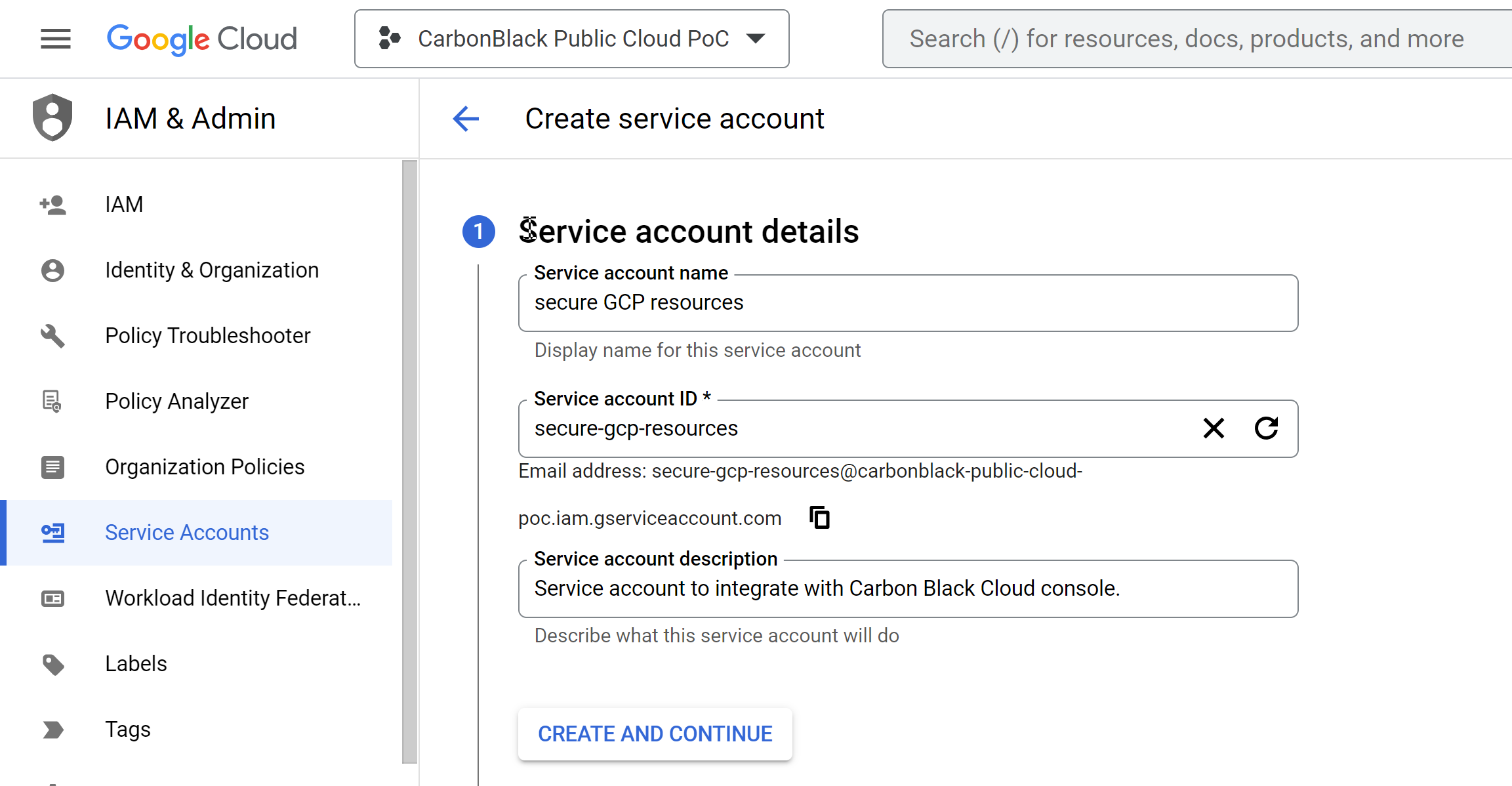 オンボーディングする Google Cloud プロジェクトに関連付けられているサービス アカウントの詳細。