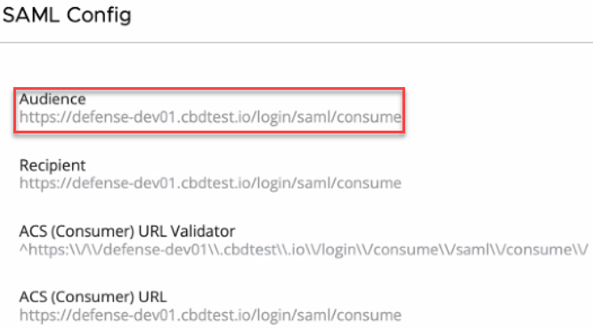 [SAML 構成] 画面の対象ユーザー URL。