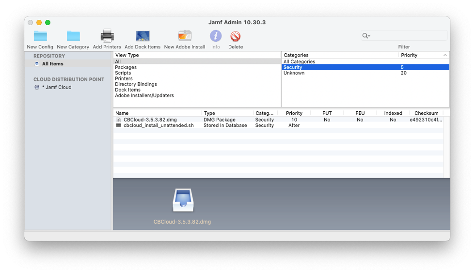 macOS センサー ファイルを使用した Jamf Admin の例