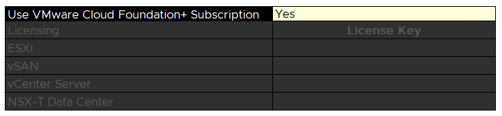 VCF+ サブスクリプションを選択できる展開パラメータ ワークブックのセクションを示す図。