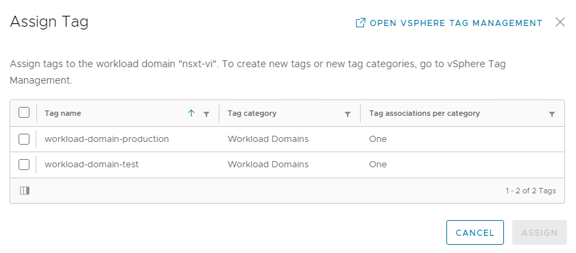 ワークロード ドメインの [タグの割り当て] ダイアログ。